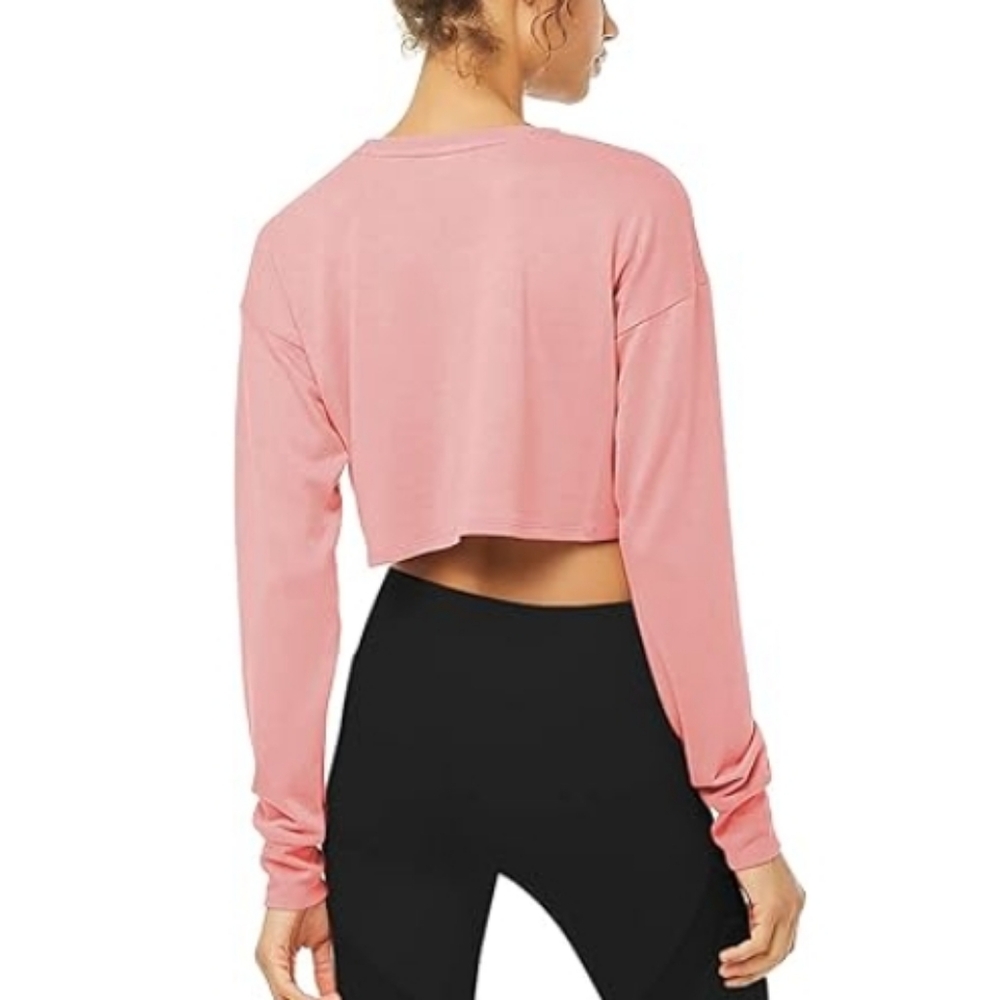 Bestisn Long Sleeve Crop Sweatshirt Top with Thumb Hole Pink